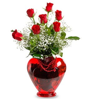 Kalp cam i�inde 7 adet k�rm�z� g�l  Ankara K�z�lay hediye sevgilime hediye �i�ek  