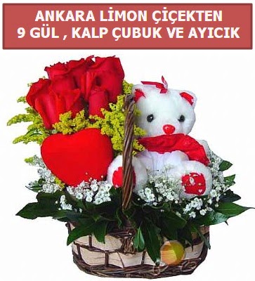 Kalp �ubuk sepette 9 g�l ve ay�c�k  Ankara K�z�lay online �i�ek g�nderme sipari�  