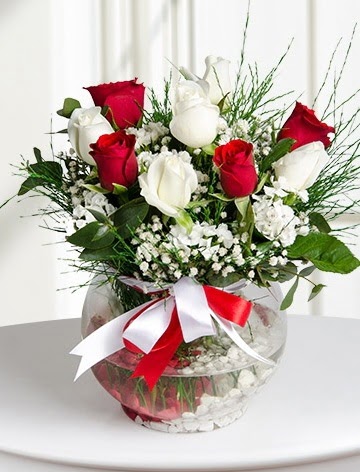 Aşk Küresi  5 beyaz 5 kırmızı gül fanusta  Kızılay çiçek online çiçek siparişi 