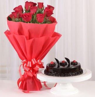 10 Adet kırmızı gül ve 4 kişilik yaş pasta  Kızılay çiçek online çiçek siparişi 
