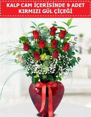 K�rm�z� kalp camda 9 k�rm�z� g�l  K�z�lay cicek , cicekci 