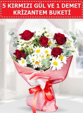 5 adet k�rm�z� g�l ve krizantem buketi  K�z�lay cicek , cicekci 
