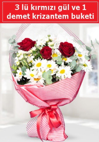3 adet k�rm�z� g�l ve krizantem buketi  K�z�lay �i�ek�iler 